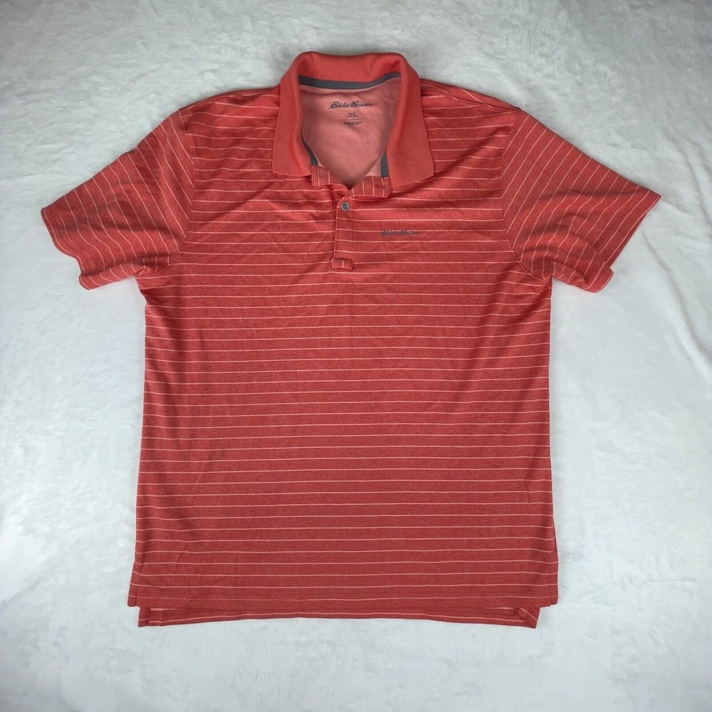 Eddie Bauer Polo Shirt Mens Large Red Striped Freedry High Low Slit Performance